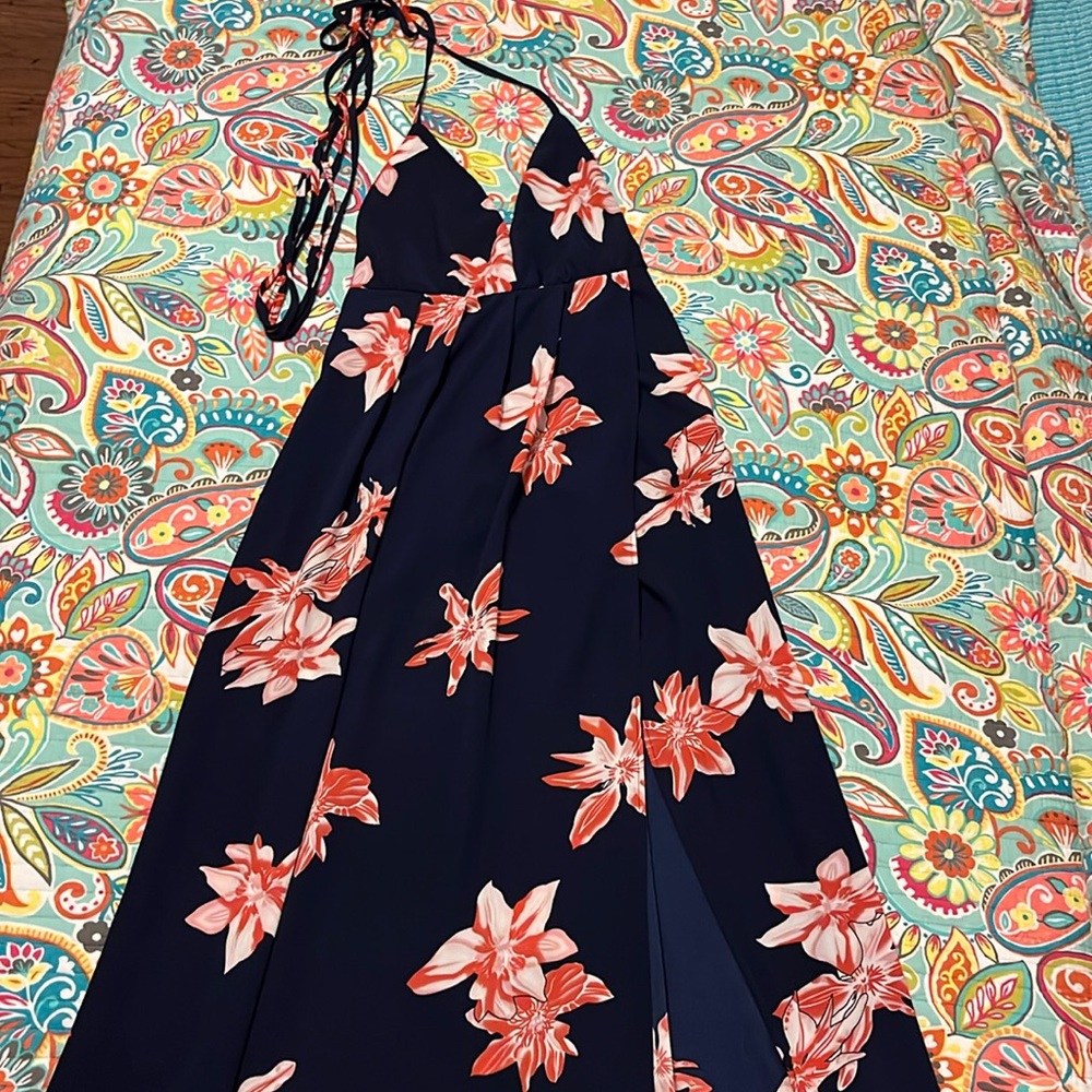 Ladies spaghetti strap  tropical dress with high sllit backless